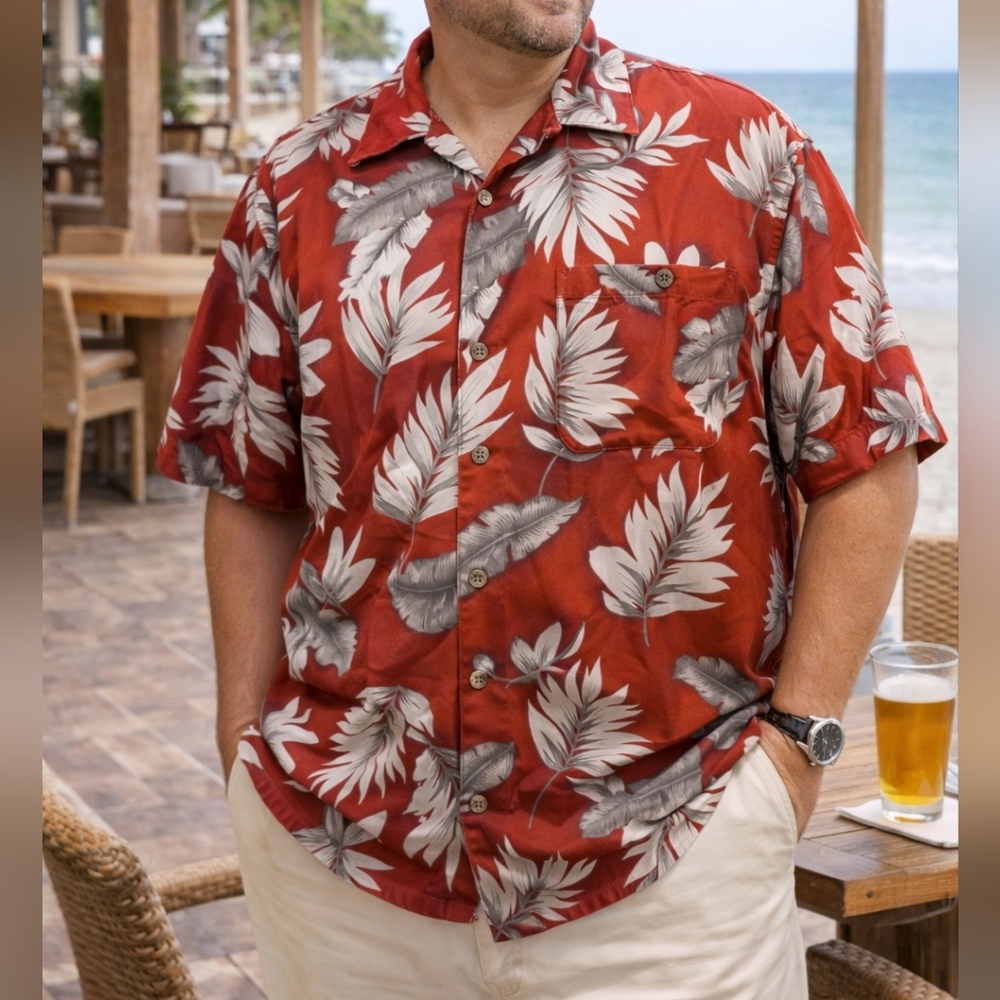 Vintage PARADISE‎ COVES SILK SHIRT Hawaiian Camp RED/BEIGE Floral Tropical Sz XL